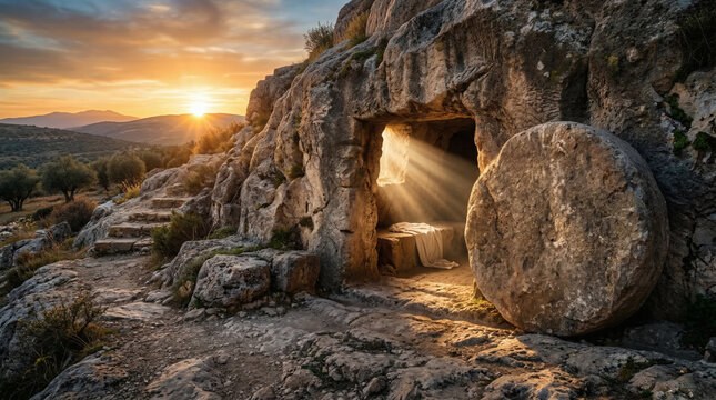 Garden tomb in jerusalem showcases a stone rock face at sunset. Its ideal for religious and travelthemed content.