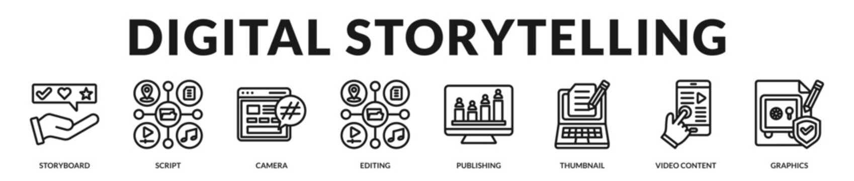 Digital storytelling banner emphasizing cinematic narrative workflows for engaging multimedia content creation in Lineal Icon Style