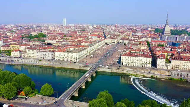 Turin, Italy. Flight over the city. Vittorio Veneto Square, Catholic Parish Church Gran Madre Di Dio. Drone footage, Departure of the camera