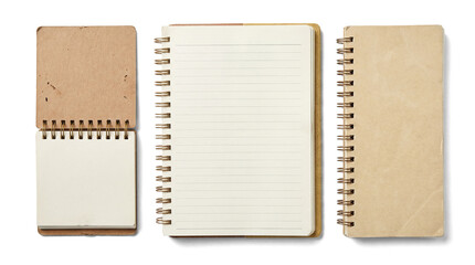 a trio of kraft paper notebooks presented side-by-side on a transparent background: a closed small notepad, an open ruled notebook, and a closed spiral-bound notebook, top-down perspective. © Christine