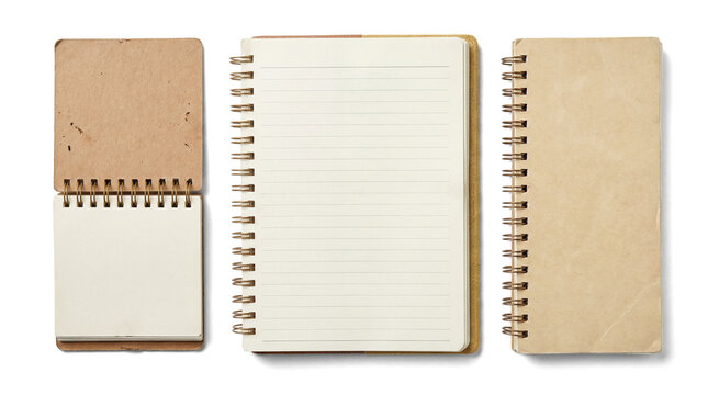 a trio of kraft paper notebooks presented side-by-side on a transparent background: a closed small notepad, an open ruled notebook, and a closed spiral-bound notebook, top-down perspective.