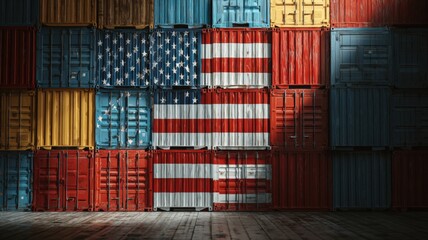 Fototapeta premium Cargo Containers Stacked with American Flag Backdrop Representing Global Trade and Shipping Industry