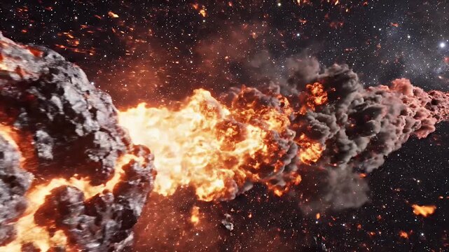 Space Debris Explosion - This video shows a large asteroid exploding and disintegrating into smaller pieces in outer space. There are many stars visible in the background.