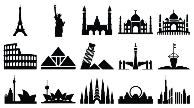 Premium travel landmarks silhouette icons set for design and decoration