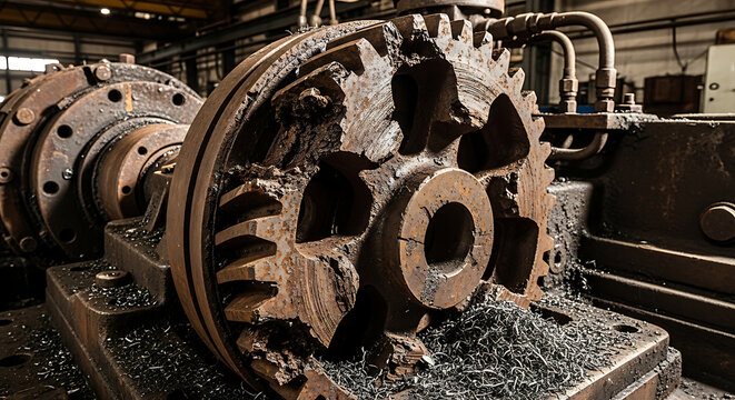 Close-up of severely damaged, rusty industrial gear and metal shavings on heavy machinery in a factory setting.