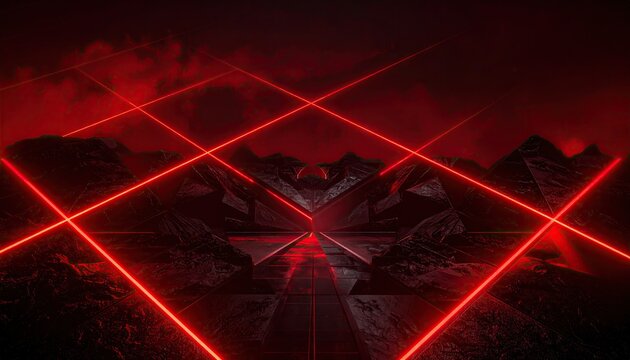 Red lasers cut through mountainous terrain, creating abstract sci-fi environment, possibly game art