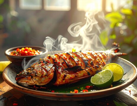 Traditional Indonesian Ikan Bakar with Chili and Fresh Lime