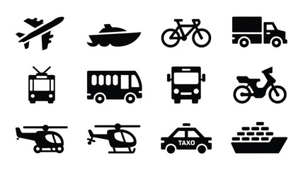 Collection of various transportation vehicle silhouettes including airplanes boats bicycles trucks buses taxis and helicopters on white background © Somiran