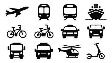 Collection of transportation vehicle silhouettes including airplanes buses ships cars bicycles and scooters on white background for design and icon usage © Somiran
