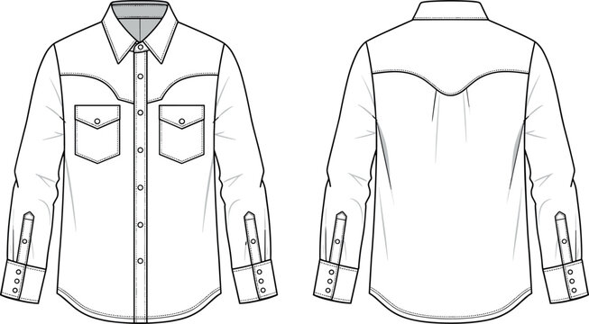 Men Western Denim Shirt Vector Flat Sketch Illustration with Front and Back View Featuring Pearl Snap Buttons and Curved Yoke Detail