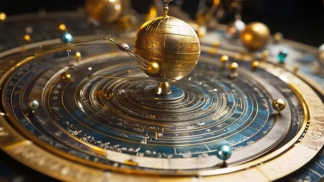Celestial Choreography: Intricate astronomical model with a golden globe at its heart, representing the cosmos with planets in graceful orbits.