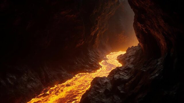 暗闇の地下洞窟を照らしながら流れるマグマ