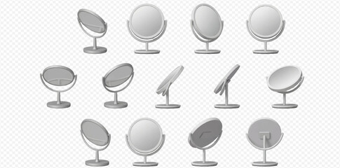 Set of realistic vanity mirrors with stands in various angles on transparent background. © Heri