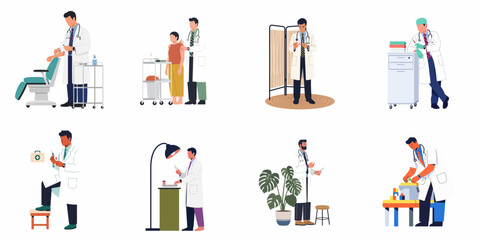 Collection of male medical professionals in white coats performing various clinical tasks including giving injections, examinations, and preparing medical equipment in a hospital setting.