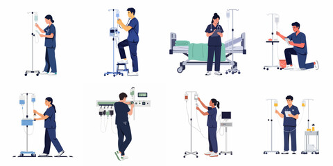 Fototapeta premium Set of vector illustrations featuring medical professionals in blue scrubs managing IV bags and clinical equipment in a hospital healthcare setting.