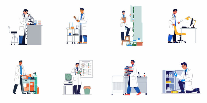 Collection of male scientist illustrations performing various tasks in a medical laboratory, including microscope use, chemical analysis, inventory management, and equipment handling.