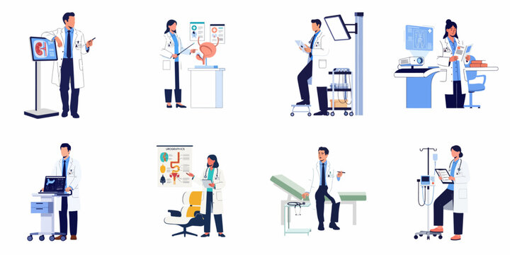 Set of diverse professional urologists and medical specialists performing various diagnostic and clinical tasks in a healthcare environment, vector flat illustrations.
