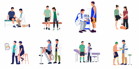 Comprehensive set of flat illustrations depicting sports medicine specialists and physical therapists treating various athletes for sports-related injuries and rehabilitation. © Sugik