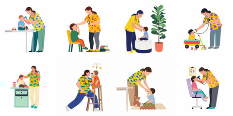 Collection of flat illustrations showing a female pediatrician in colorful scrubs examining young children in various clinical and playful settings.