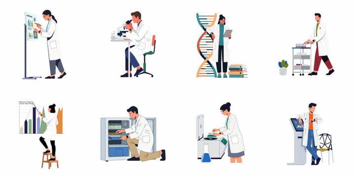 Vector illustration collection of diverse scientists and medical researchers performing laboratory tasks, genetic analysis, and clinical trials in modern research environments.