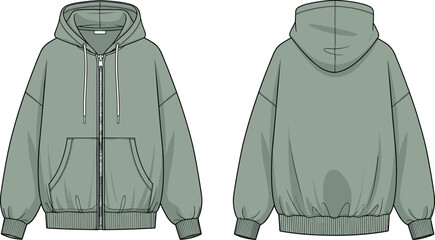 Oversized Sage Green Zip Up Hoodie Vector Template Technical Flat Sketch with Drop Shoulder Ribbed Cuffs and Kangaroo Pocket Detail © DALIARA 