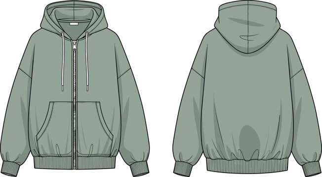 Oversized Sage Green Zip Up Hoodie Vector Template Technical Flat Sketch with Drop Shoulder Ribbed Cuffs and Kangaroo Pocket Detail