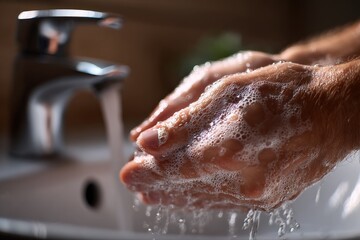 Fototapeta premium Thorough Handwashing Hygiene: Person Washing Hands with Soap under Running Water in a Sink
