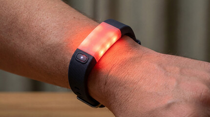 Close-up of an arm wearing a red light therapy wristband. The device emits a glowing red light for therapeutic purposes. Image made using Generative AI.