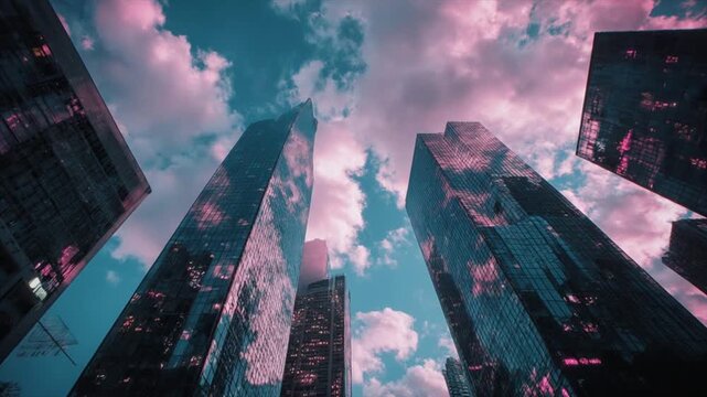 レトロな高層ビル群と隙間から見えるパステル雲