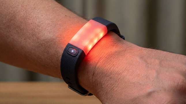 Close-up of an arm wearing a red light therapy wristband. The device emits a glowing red light for therapeutic purposes. Image made using Generative AI.