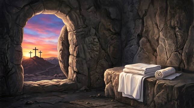 Empty Tomb At Sunrise With Sunlight Shining Through The Open Door And Three Crosses In The Distance - Crucifixion And Resurrection Of Jesus Christ Concept