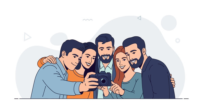 Group of friends taking a selfie with a camera, smiling and happy