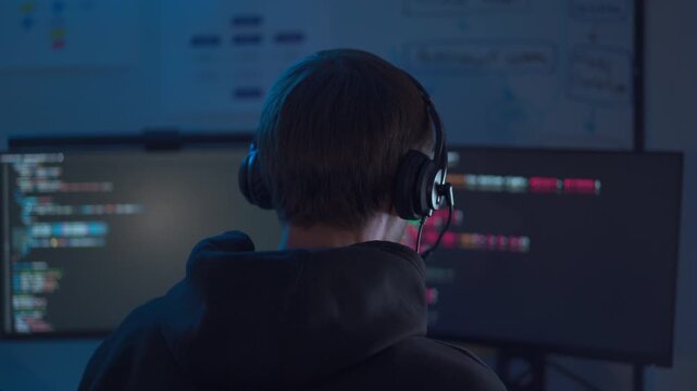 Close up of programmer wearing headset while monitoring code on computer screens