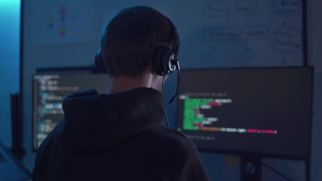 Close up of programmer wearing headset while monitoring code on computer screens