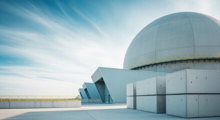 Nuclear Power Plant Exterior with Dome Structure and Concrete Blocks on a Sunny Day