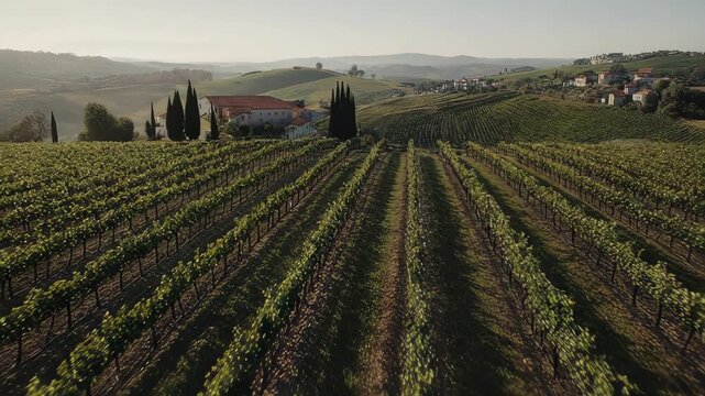Picturesque Vineyard Landscape - Rows of Vines and Distant Buildings.