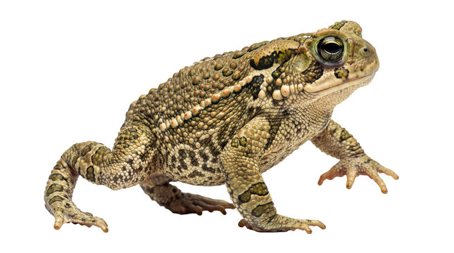 Intriguing photograph of a common toad, featuring its textured skin and eyes, isolated on a transparent background.