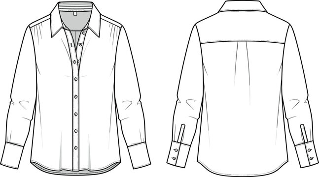 Women's formal long sleeve button down shirt vector illustration technical sketch with front and back view for fashion design.