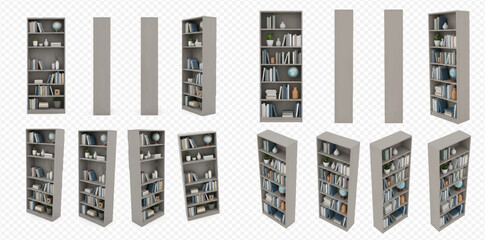Multiple views of a modern tall wooden bookcase with various decorative objects and books on shelves, isolated on a transparent background. © Heri