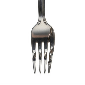 Bent fork with twisted tines isolated on a clean white background, showcasing distortion and simplicity in stainless steel utensil design