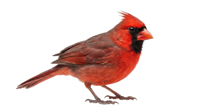 A vibrant male northern cardinal bird, perched gracefully, showcasing its brilliant red plumage against a transparent.