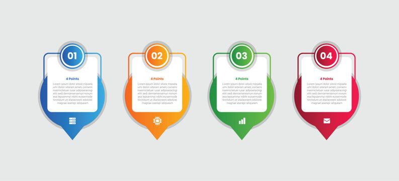 4 points infographic with gradient style with round square box with callout maps location marker with circle badge on top with 4 elements stages