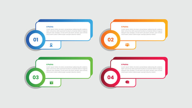 4 points infographic with gradient style with round rectangle box with circle badge on quadrant structure with 4 elements stages
