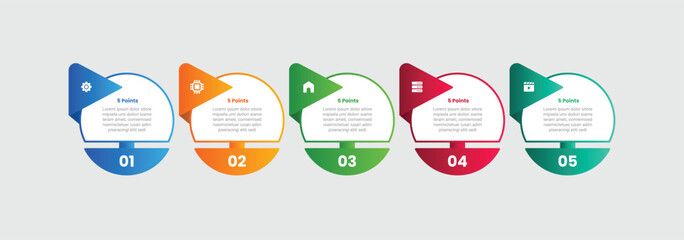 5 points infographic with gradient style with big circle cut on bottom with sharp triangle badge with 5 elements stages