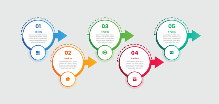 5 points infographic with gradient style with big circle with arrow and dotted line up and down wave position with 5 elements stages
