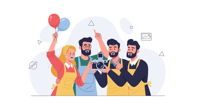 Team taking a selfie with camera and balloons, celebrating success