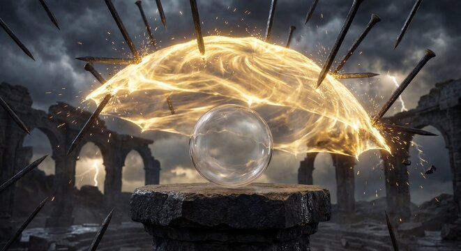 A glowing golden umbrella protects a fragile glass sphere from falling iron spikes, a powerful metaphor for Murphy's Law and risk management.