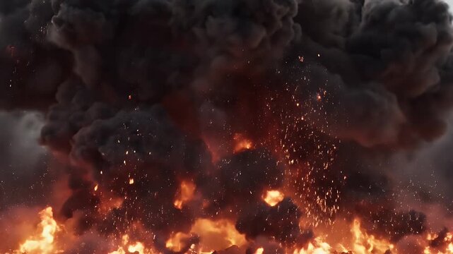 Fiery Explosion with Black Smoke - This video captures the intense power and destruction of a large explosion, filled with swirling flames and black smoke.