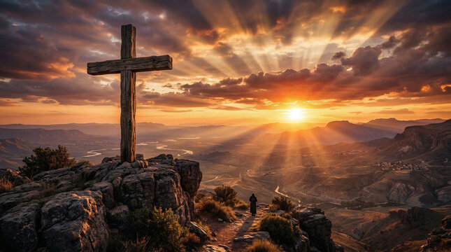 Cross on mountaintop with sunshine, perfect for religious templates, easter designs, spiritual backgrounds, christianthemed content, or inspirational projects.