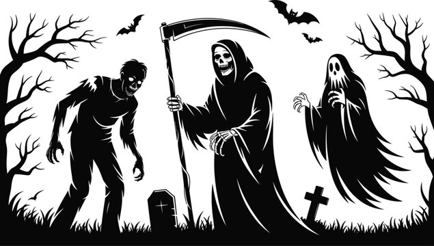 Halloween graveyard silhouette scene with grim reaper zombie ghost bats and spooky trees horror cemetery vector illustration design
